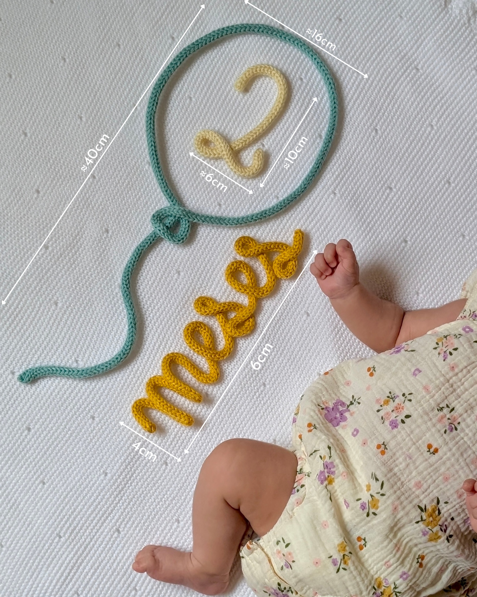 medidas figura decorativa en lana globo 12 meses con pierna de bebe 