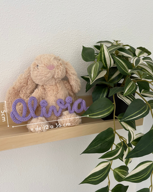 nombre personalizado infantíl en color lila con medidas en tamaño pequeño peluche de decoración y plantas