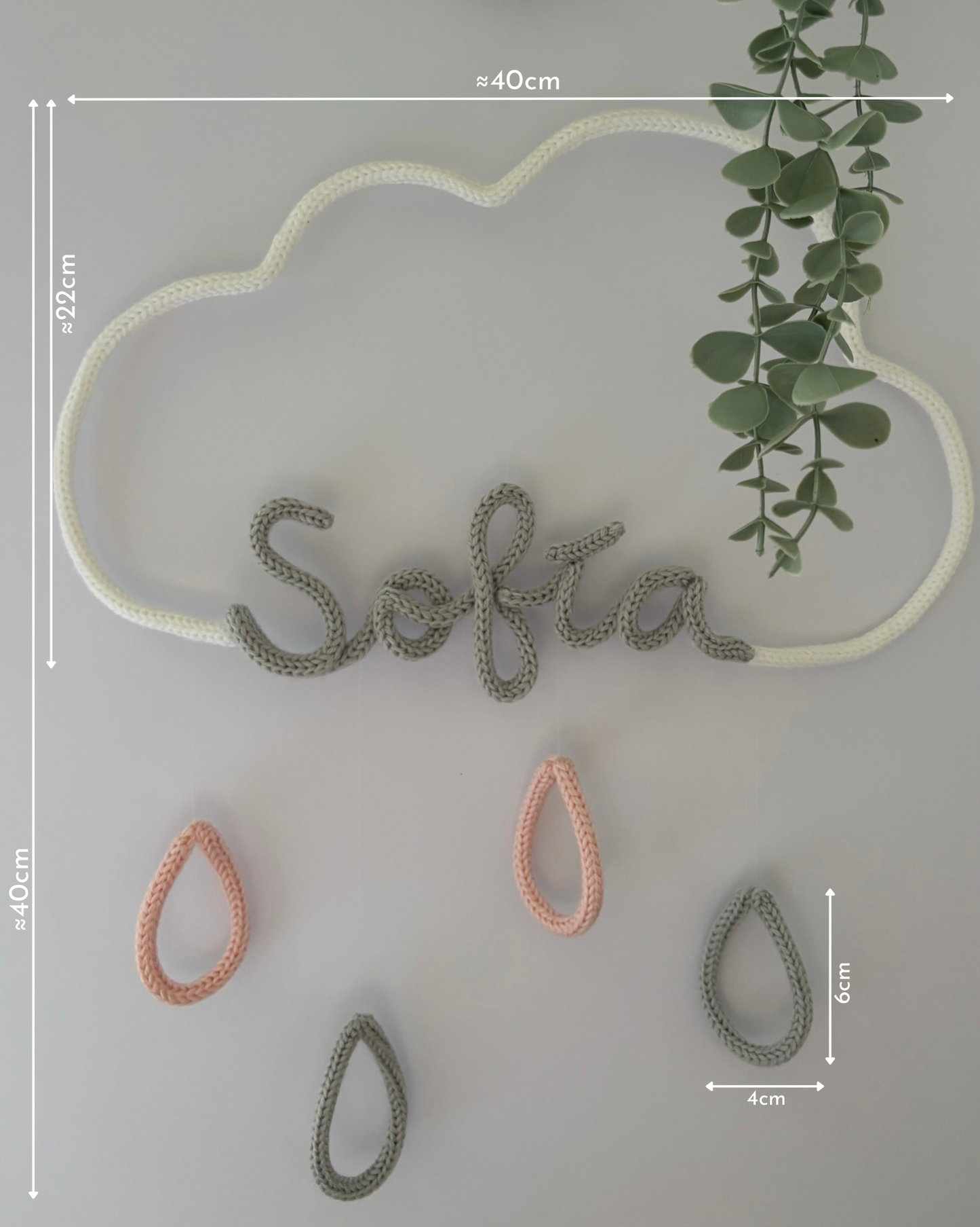  medidas móvil decorativo de nube con gotas y nombre chica personalizado con planta