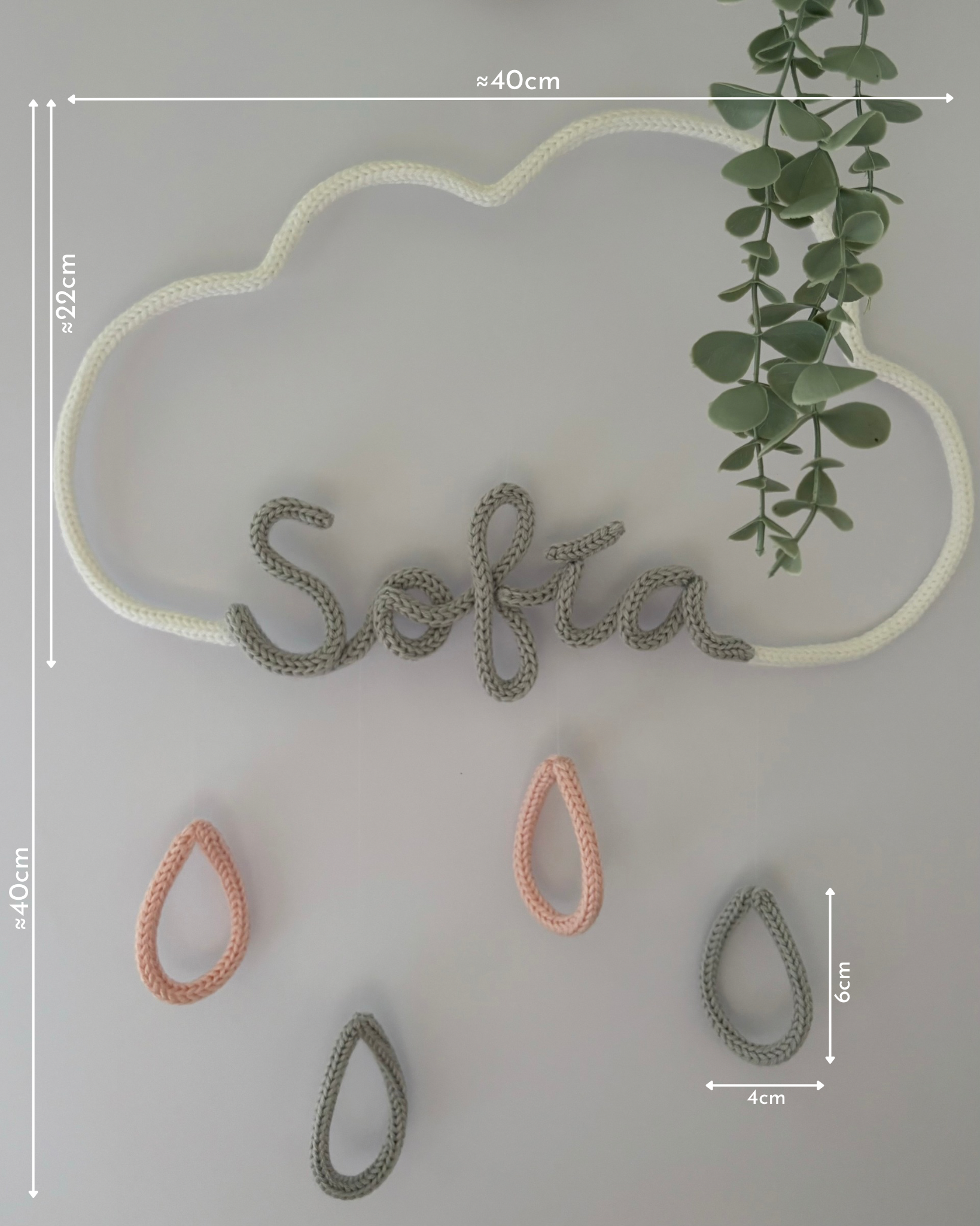  medidas móvil decorativo de nube con gotas y nombre chica personalizado con planta