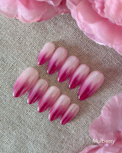 set de uñas press-on efecto glazed/aurora babyboomer en color  rosa muberry con rosas y fondo beige