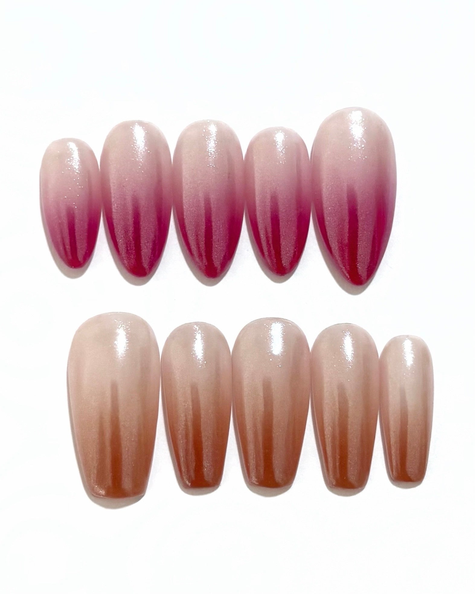 set de uñas press-on efecto glazed/aurora babyboomer en color marrón o rosa muberry a elegir