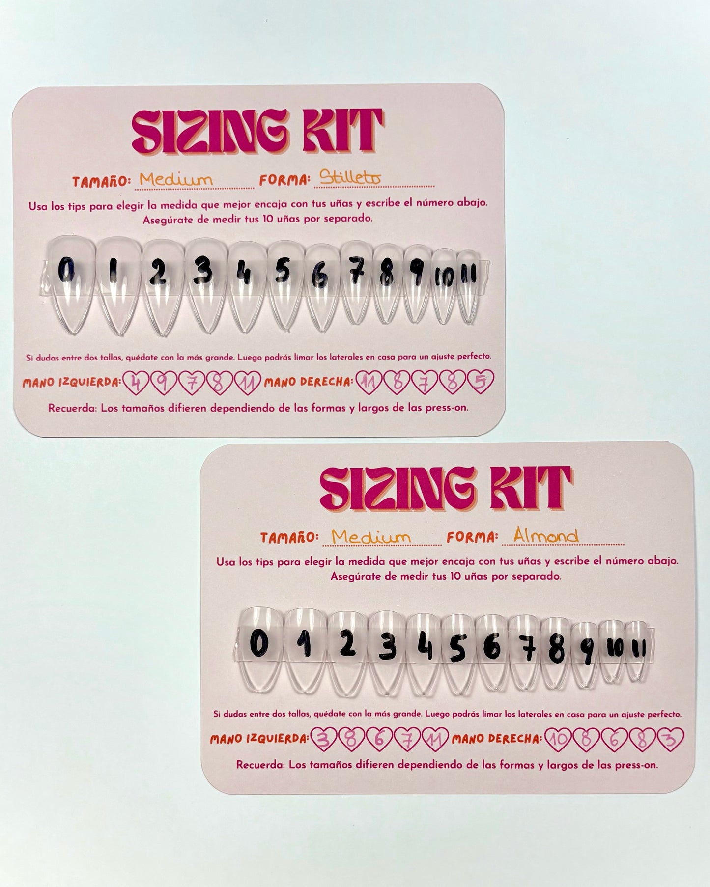sizing kit para medición exacta de uñas desde casa ejemplo con las medidas apuntadas