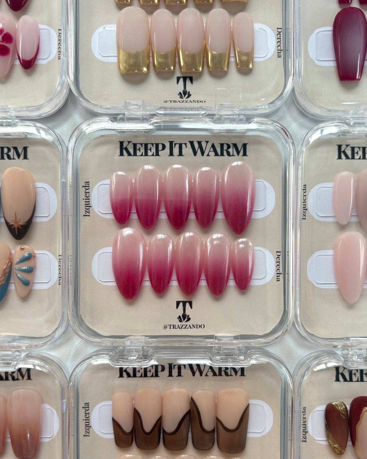 set de uñas press-on efecto glazed/aurora babyboomer en color  rosa muberry en su caja original colección keep it warm