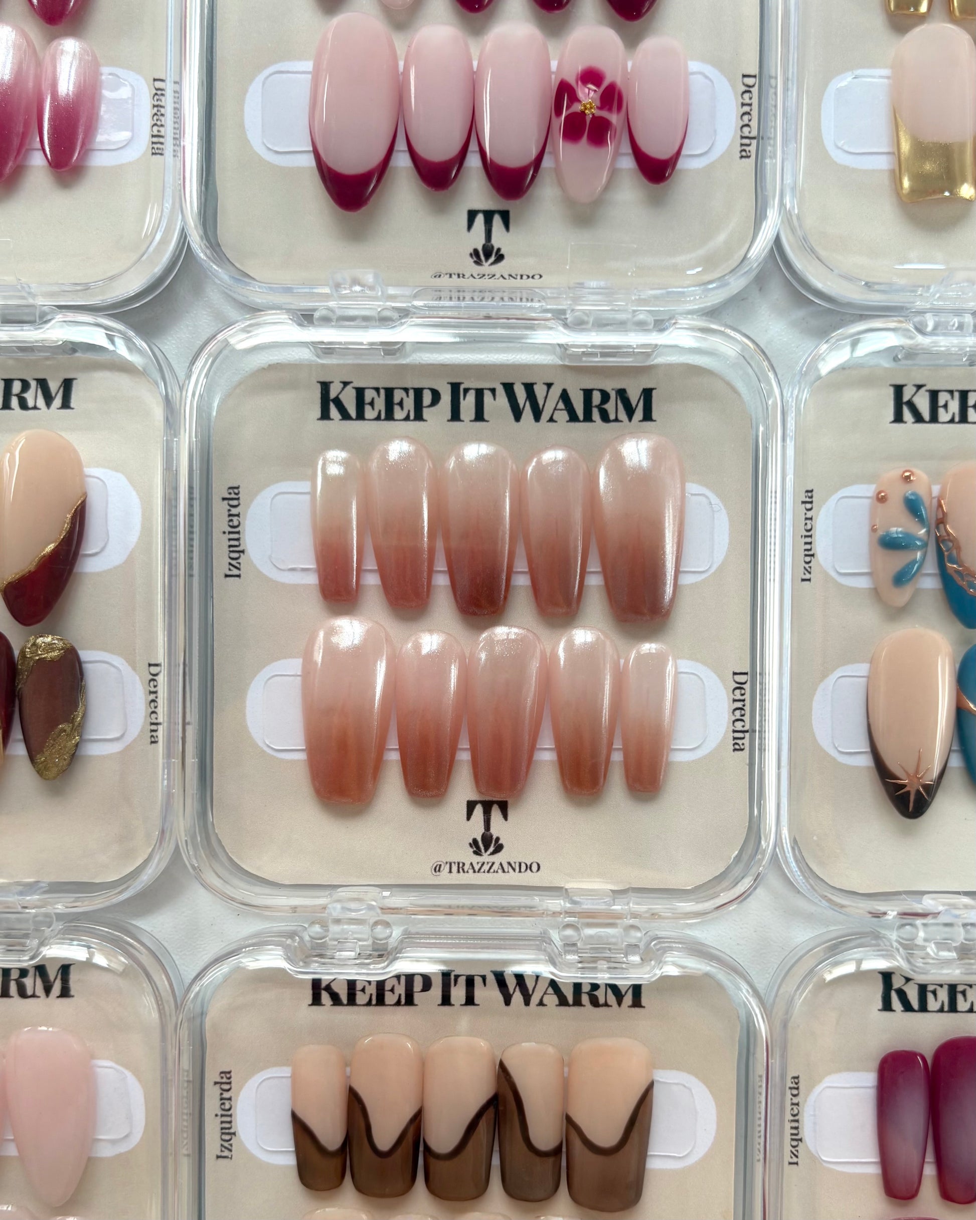 set de uñas press-on efecto glazed/aurora babyboomer en color marrón en su caja original colección keep it warm