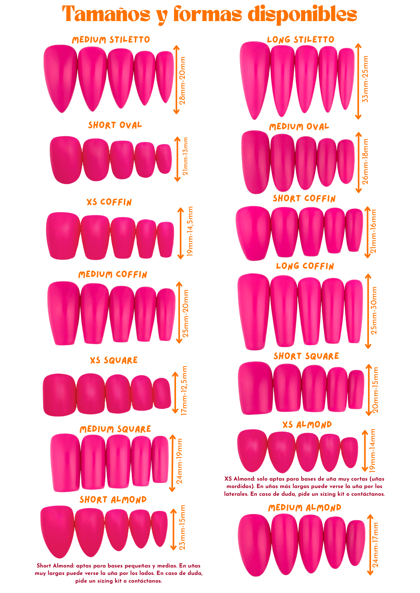Tamaño y largos de Uñas disponibles actualizados