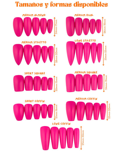 formas y largos disponibles para elegir press-on medium almond medium oval medium estiletto long estiletto short square medium square short coffin medium coffin long coffin