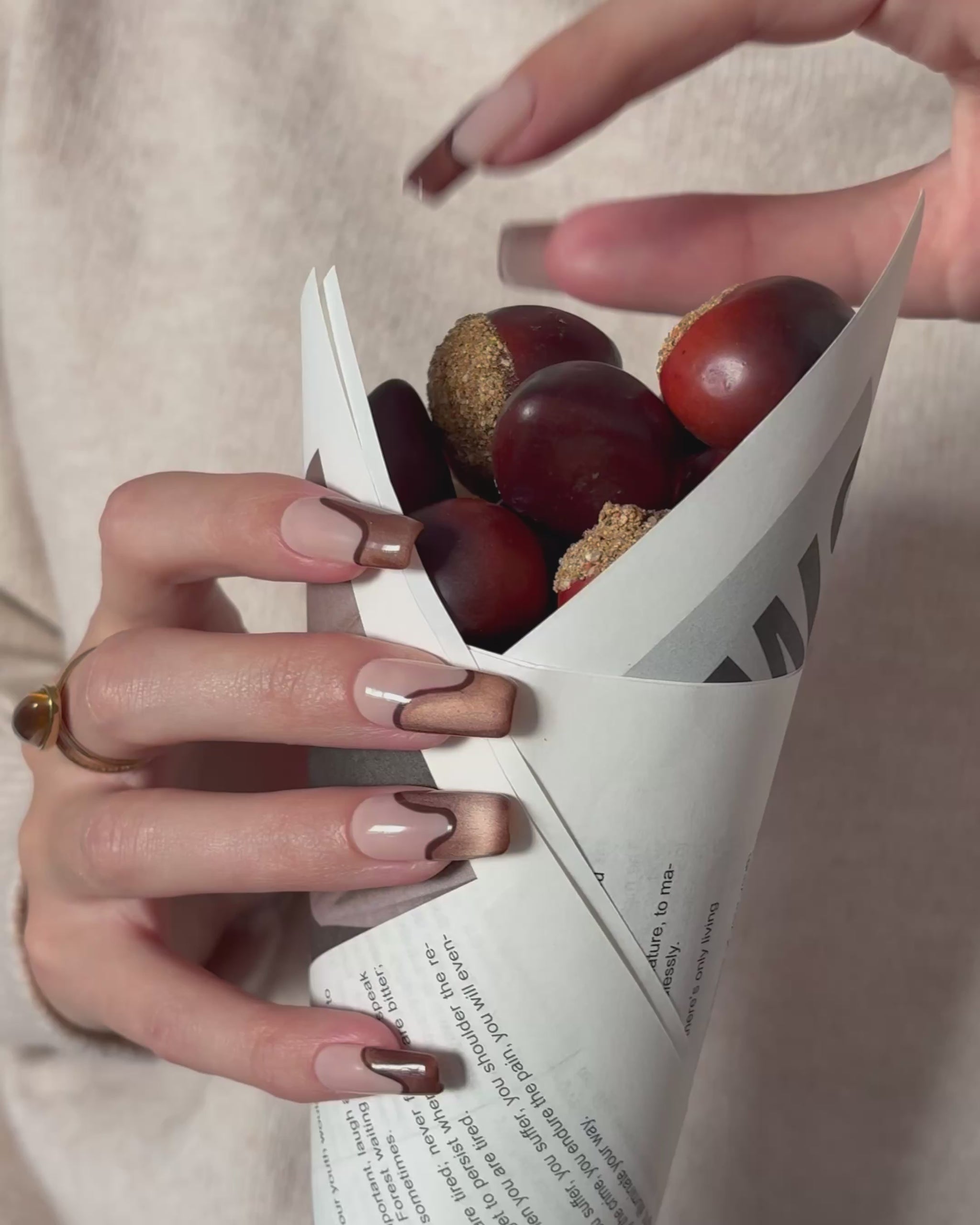 video de presentación set de uñas press-on nude con francesa abstracta de color marrón con efecto ojo de gato y un línea delgada marrón que separa la francesa